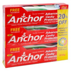 Anchor Advanced Cavity Protection Fluoride Toothpastes (3x120g) with Free Green & White Toothbrushes (3 Pieces) (20% Off)