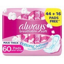 Always Breathable Soft Maxi Thick Large Pads with Wings (44+16 Free)